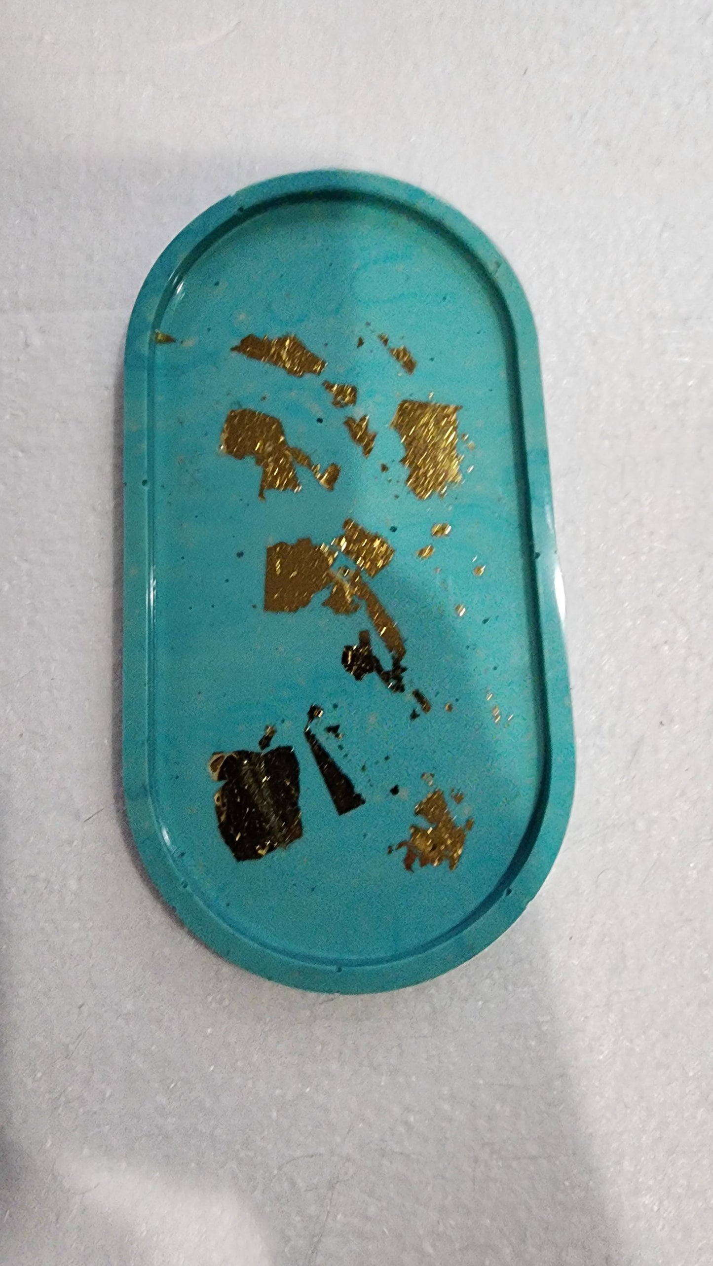 Turquoise with Gold leaf Resin Tray Handmade – Oval Floral Trinket Dish for Jewelry & Decor