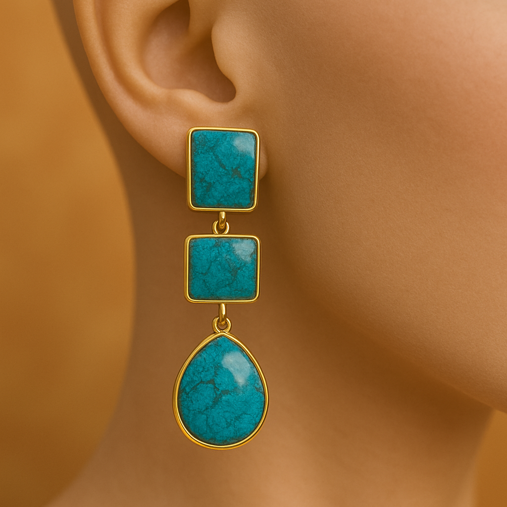 Triple Drop Turquoise Statement Earrings | Geometric Teardrop Design in Gold Finish | Artisan Handmade Jewelry Gift