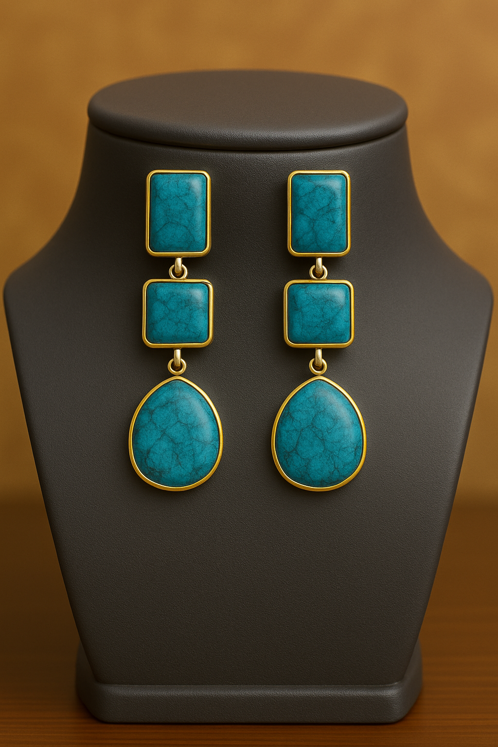 Triple Drop Turquoise Statement Earrings | Geometric Teardrop Design in Gold Finish | Artisan Handmade Jewelry Gift