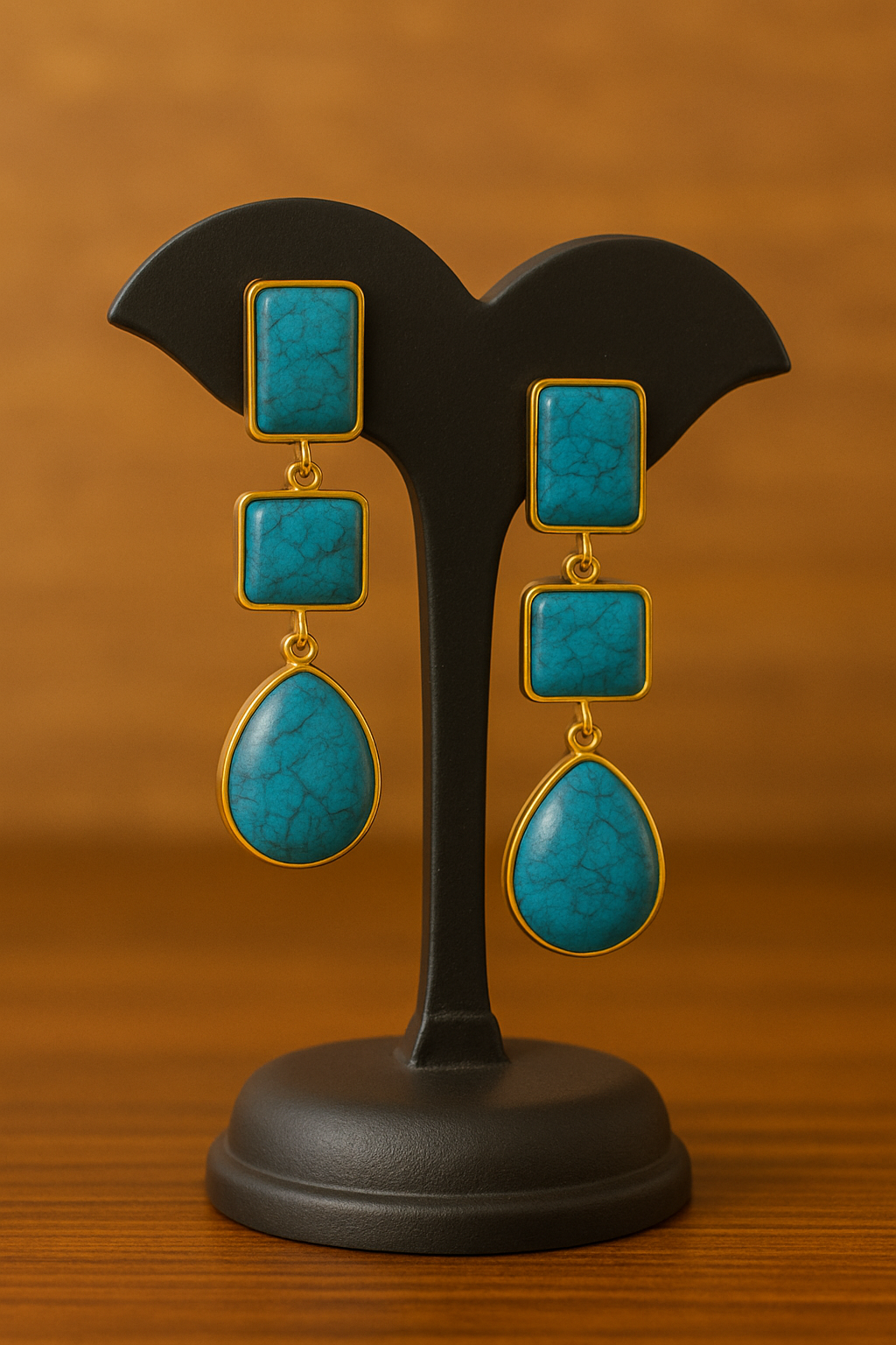 Triple Drop Turquoise Statement Earrings | Geometric Teardrop Design in Gold Finish | Artisan Handmade Jewelry Gift