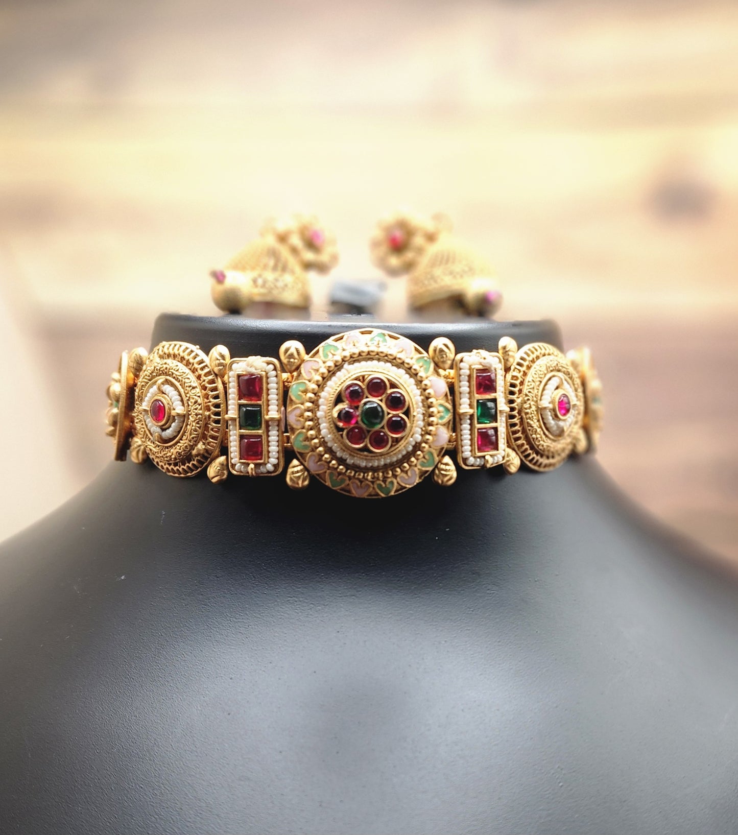Regal Splendor: Kundan Choker and Earring Set in Ruby, Emerald, and Gold