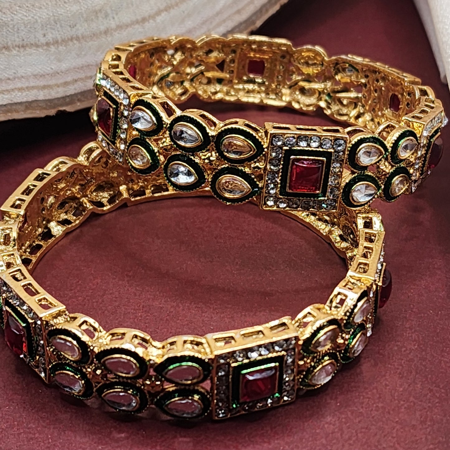 Regal Radiance: Kundan Stone Bangle Set with Ruby, Emerald, and Gold