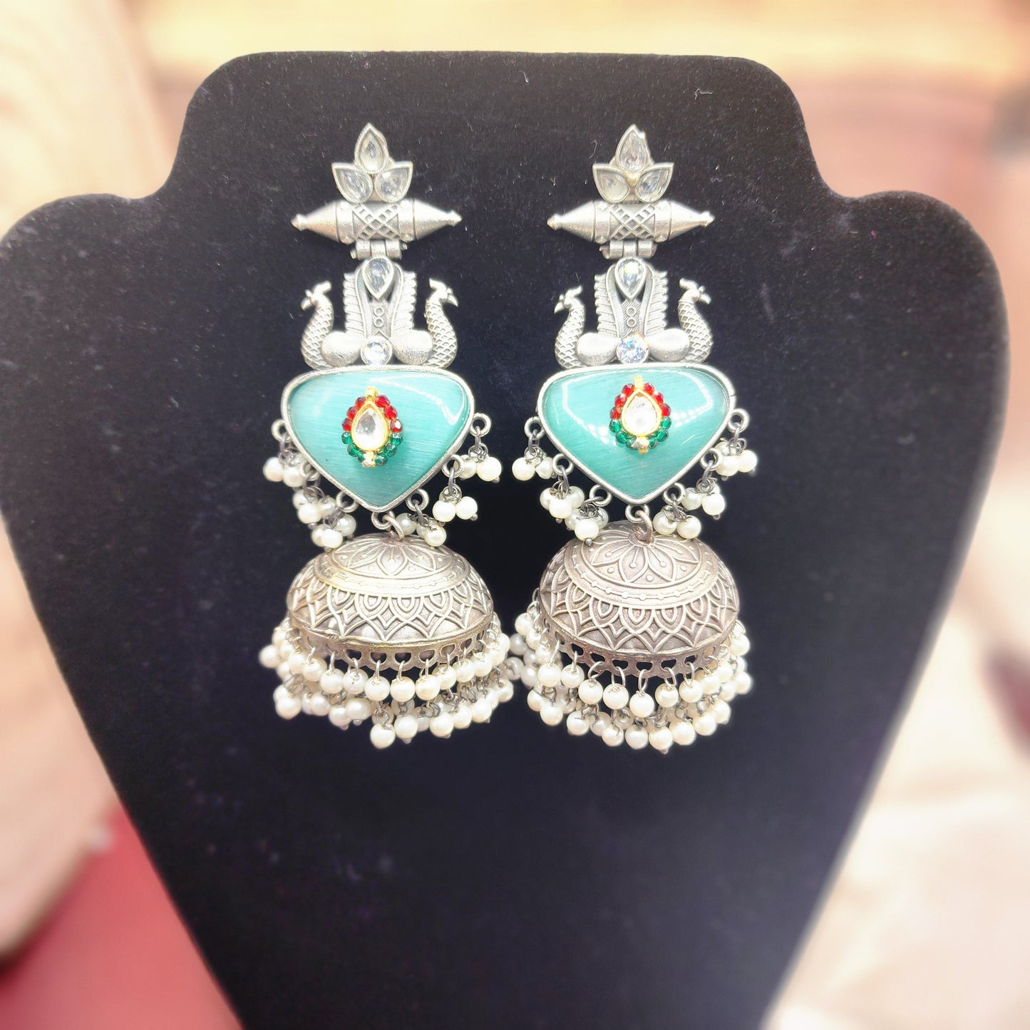 Stunning Peacock Jhumka Earrings with Pearl Drops