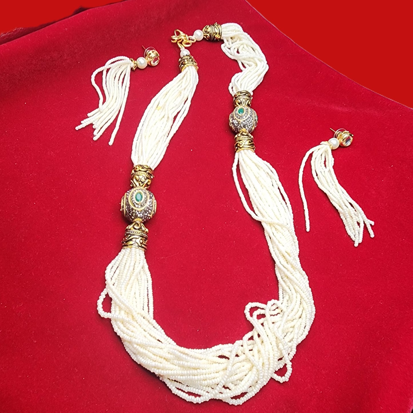Royal Kundan-Inspired Multistrand Pearl Bead Necklace with Earrings