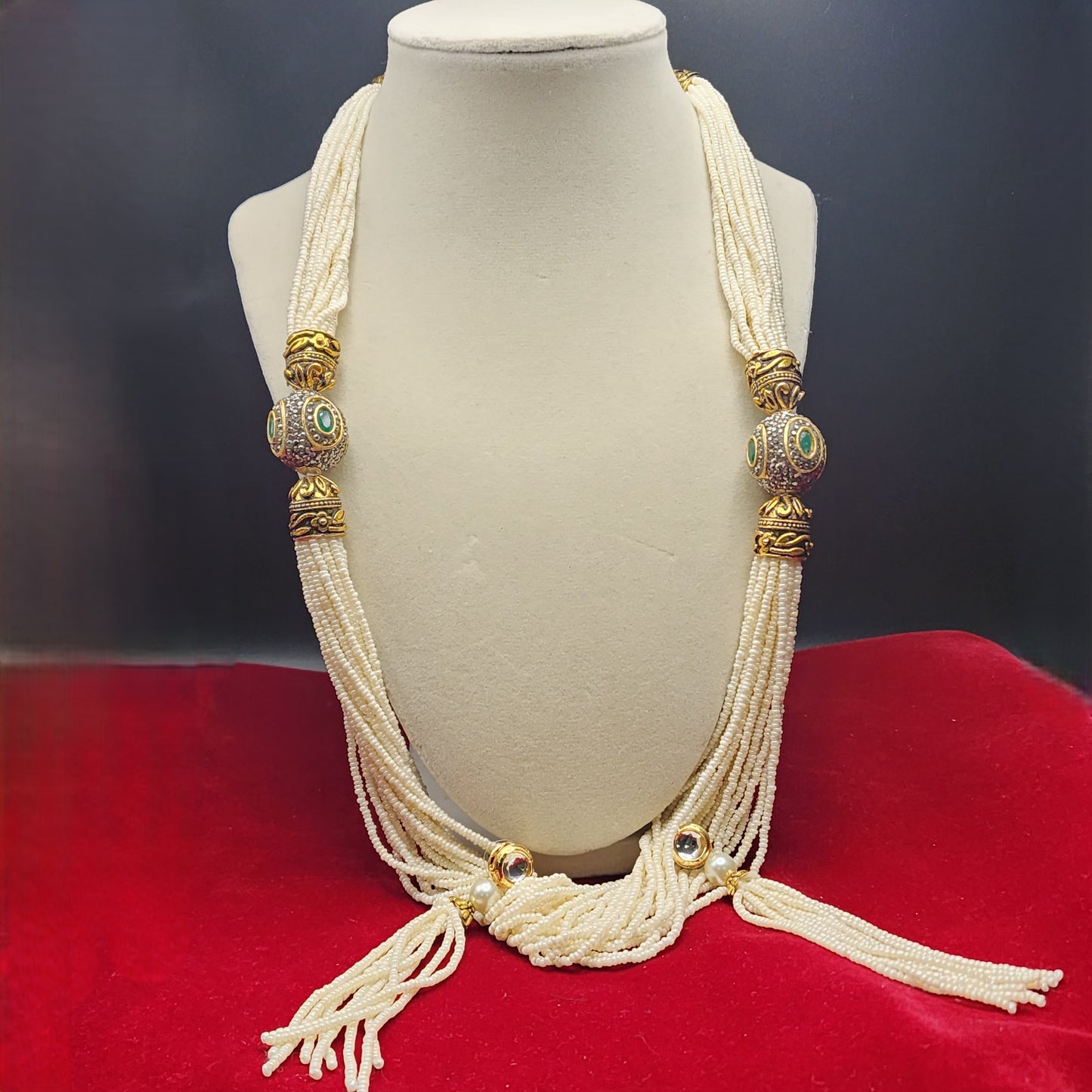 Royal Kundan-Inspired Multistrand Pearl Bead Necklace with Earrings