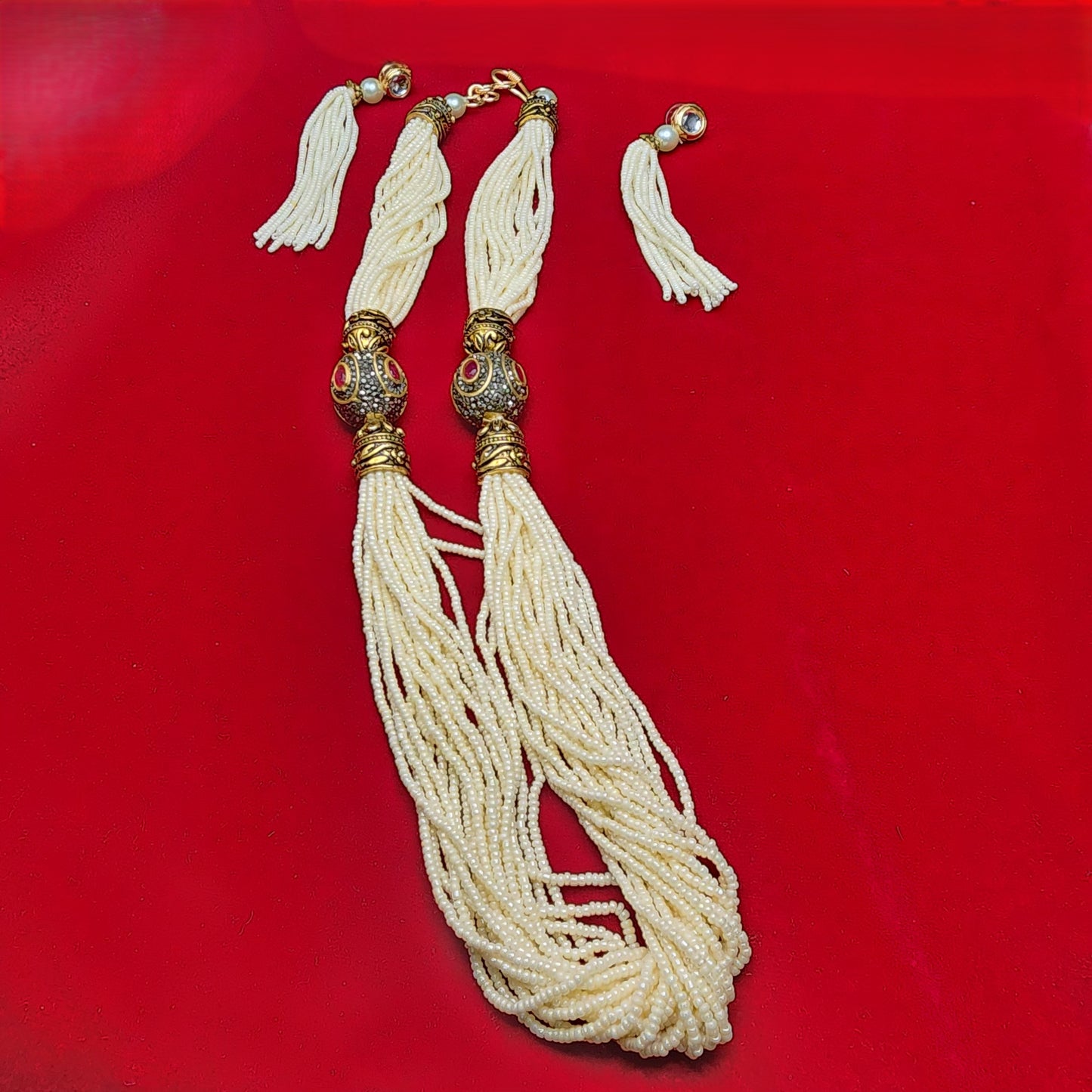 Royal Kundan-Inspired Multistrand Pearl Bead Necklace with Earrings