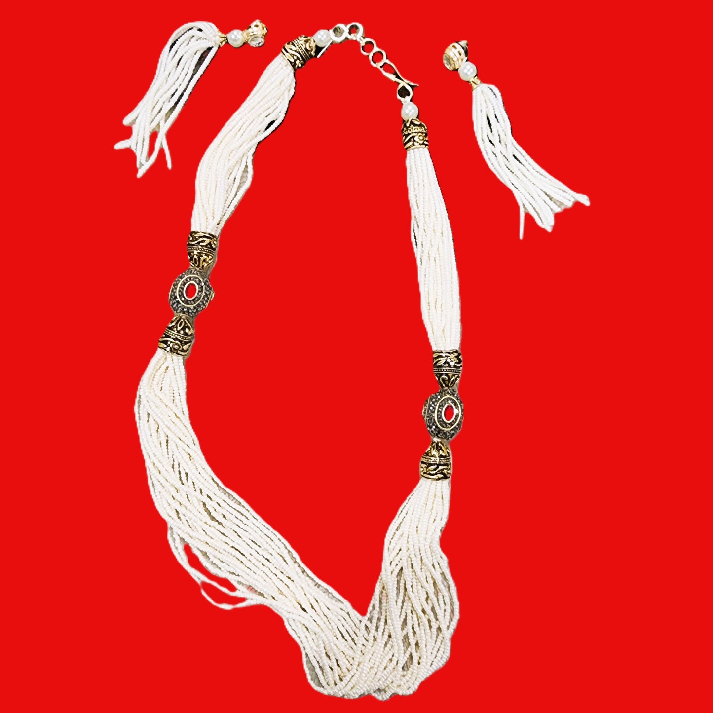 Royal Kundan-Inspired Multistrand Pearl Bead Necklace with Earrings