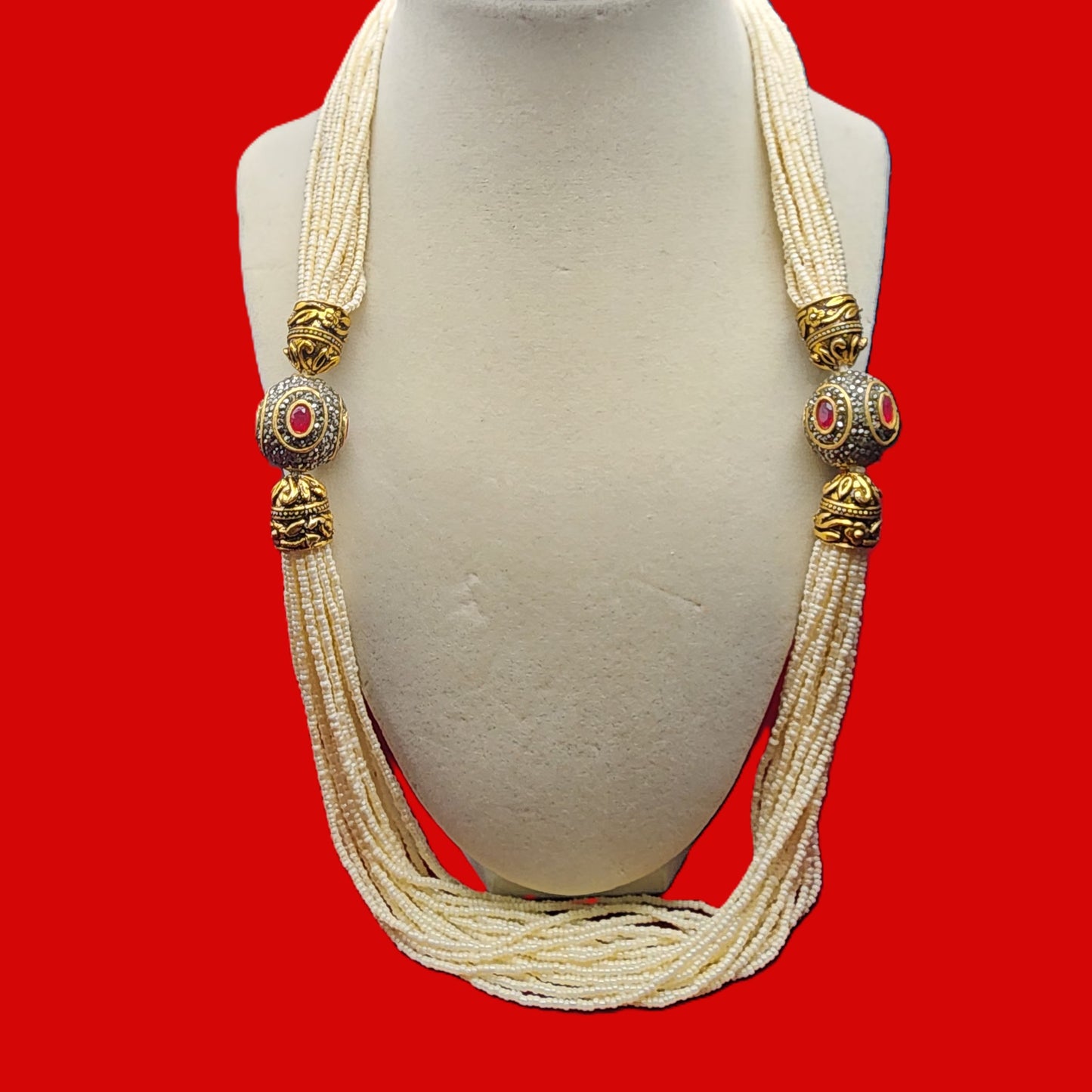 Royal Kundan-Inspired Multistrand Pearl Bead Necklace with Earrings