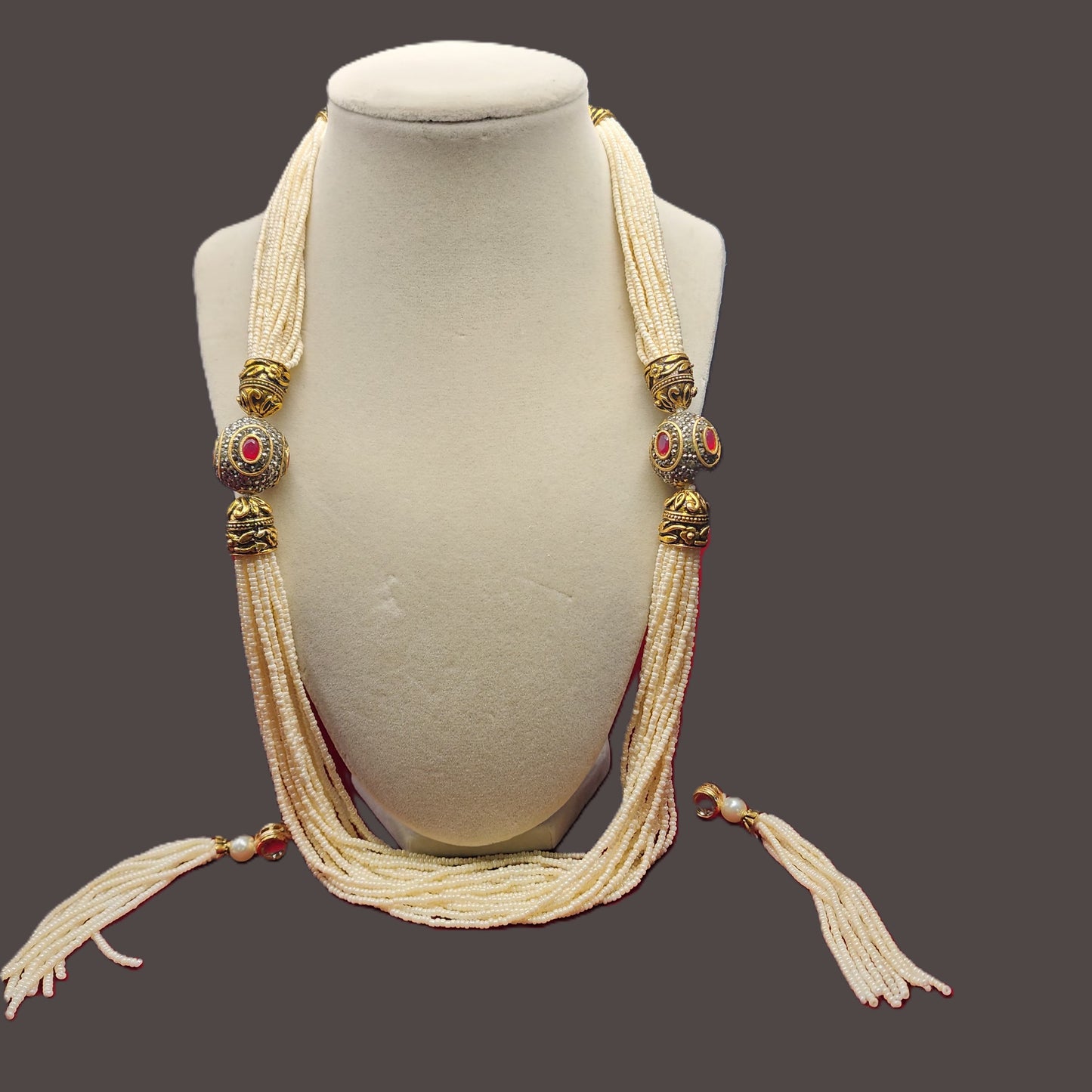 Royal Kundan-Inspired Multistrand Pearl Bead Necklace with Earrings