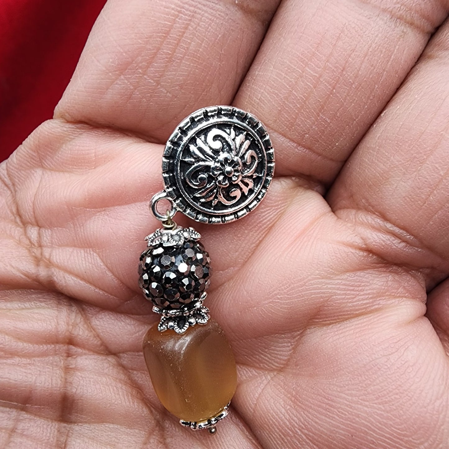 Elegant Dual-Strand Pearl & Golden Onyx Necklace Set | Oxidized Silver Beaded Design with Earrings