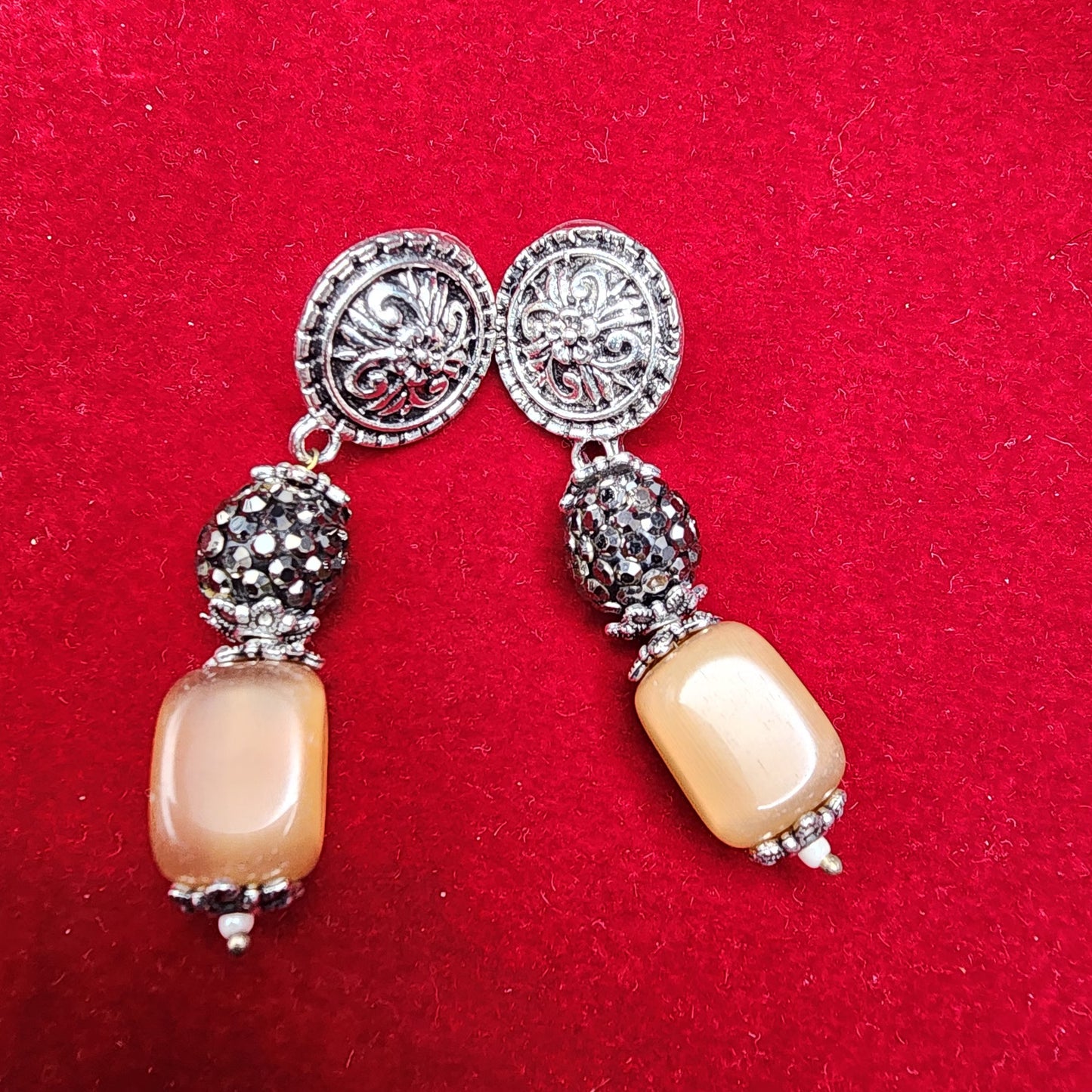 Elegant Dual-Strand Pearl & Golden Onyx Necklace Set | Oxidized Silver Beaded Design with Earrings