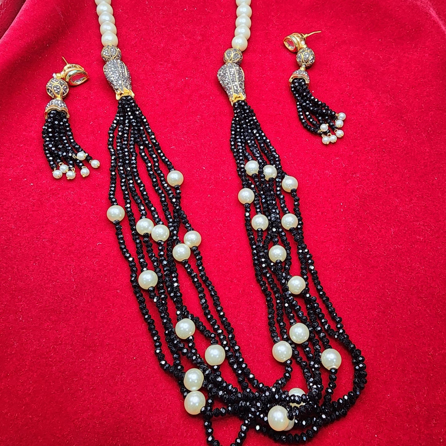 Regal Multi-Strand Beaded Pearl Necklace Set – Red & Black Variants| Best Seller| Exquisite| Statement Necklace|Gift for Her|Anniversary