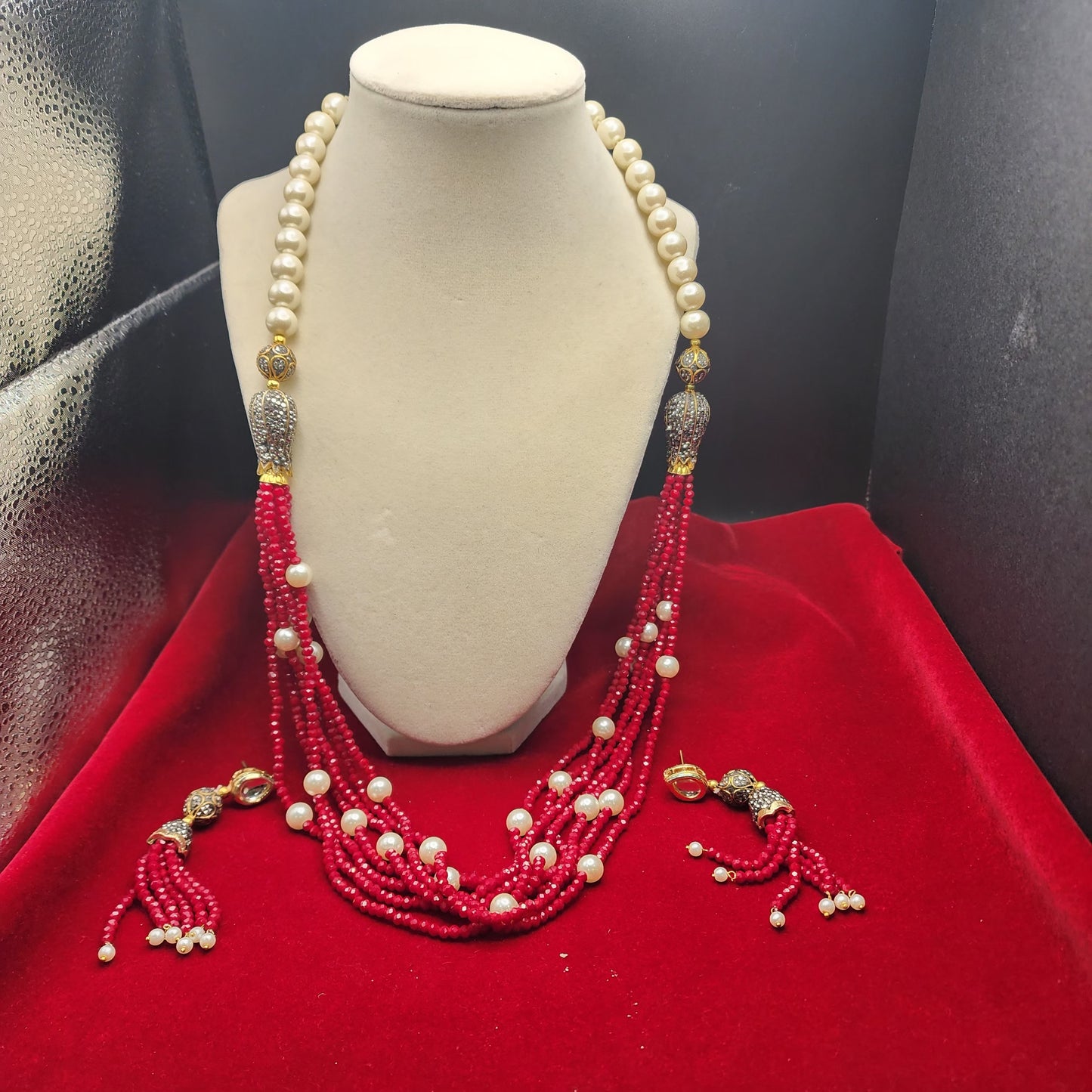 Regal Multi-Strand Beaded Pearl Necklace Set – Red & Black Variants| Best Seller| Exquisite| Statement Necklace|Gift for Her|Anniversary