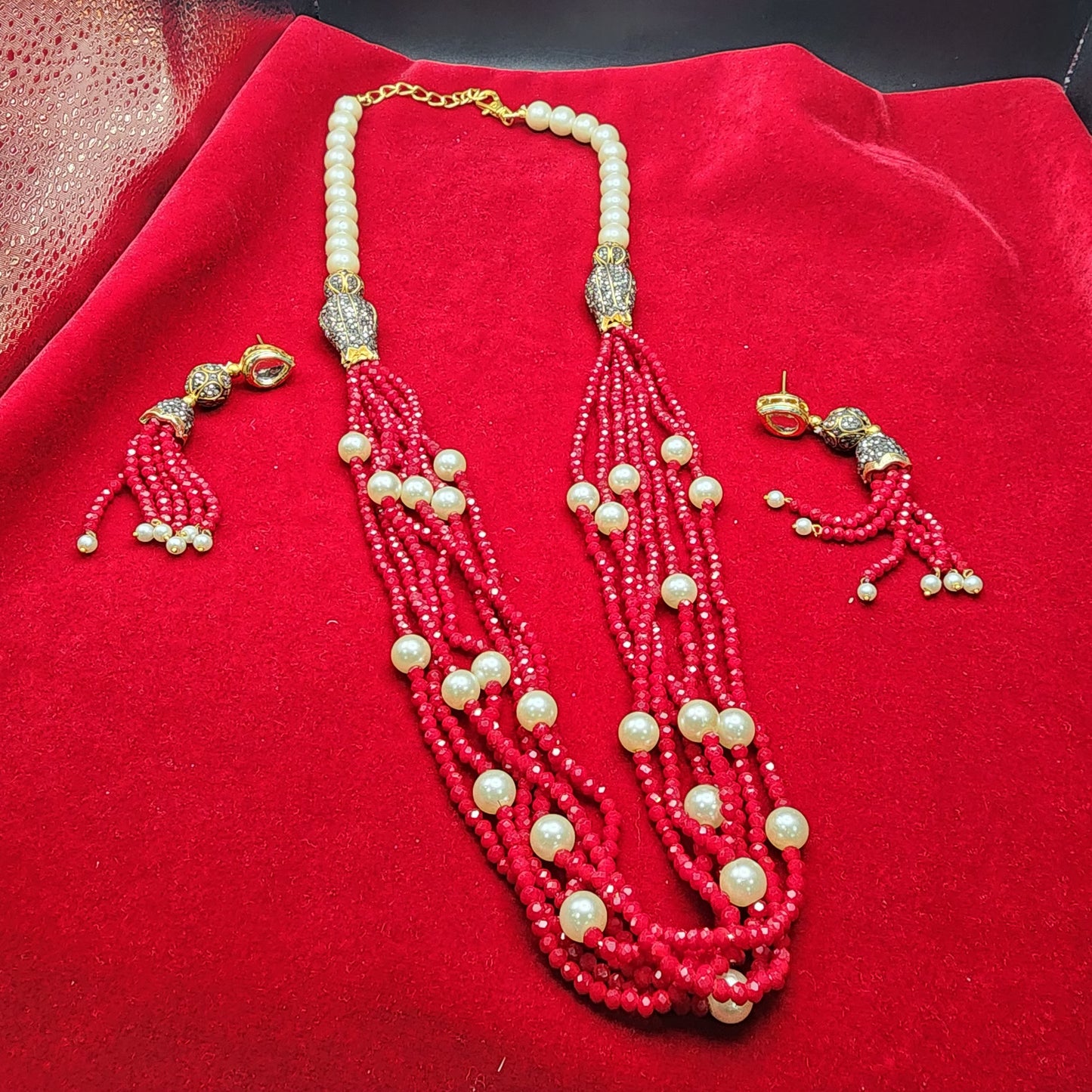 Regal Multi-Strand Beaded Pearl Necklace Set – Red & Black Variants| Best Seller| Exquisite| Statement Necklace|Gift for Her|Anniversary