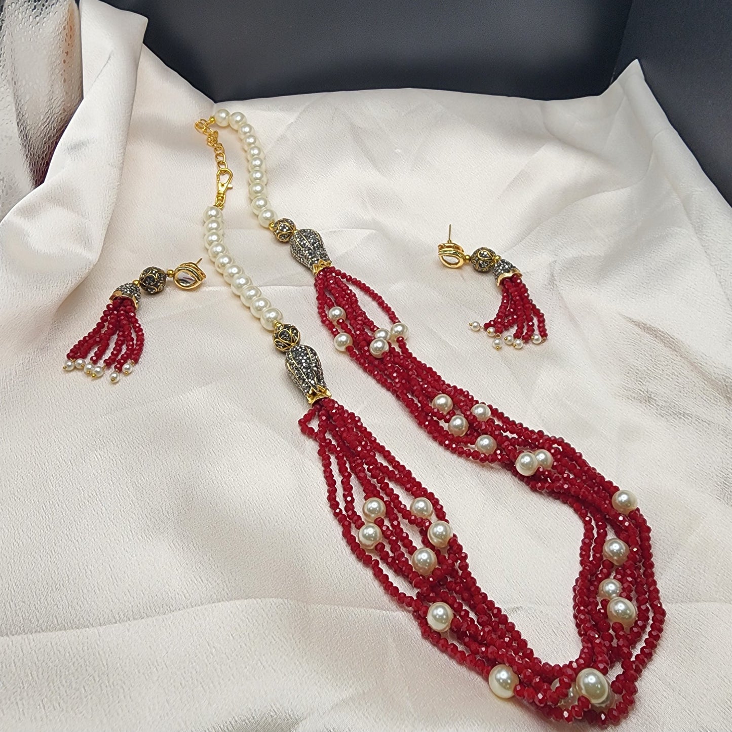 Regal Multi-Strand Beaded Pearl Necklace Set – Red & Black Variants| Best Seller| Exquisite| Statement Necklace|Gift for Her|Anniversary