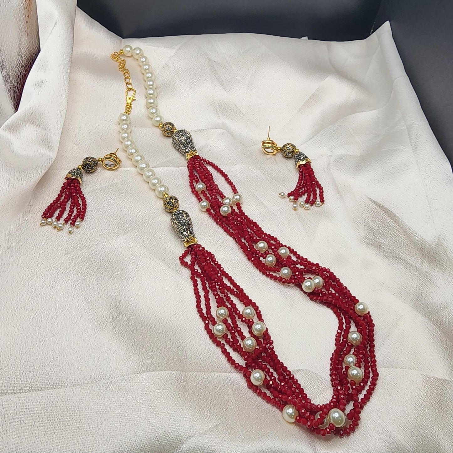 Regal Multi-Strand Beaded Pearl Necklace Set – Red & Black Variants| Best Seller| Exquisite| Statement Necklace|Gift for Her|Anniversary