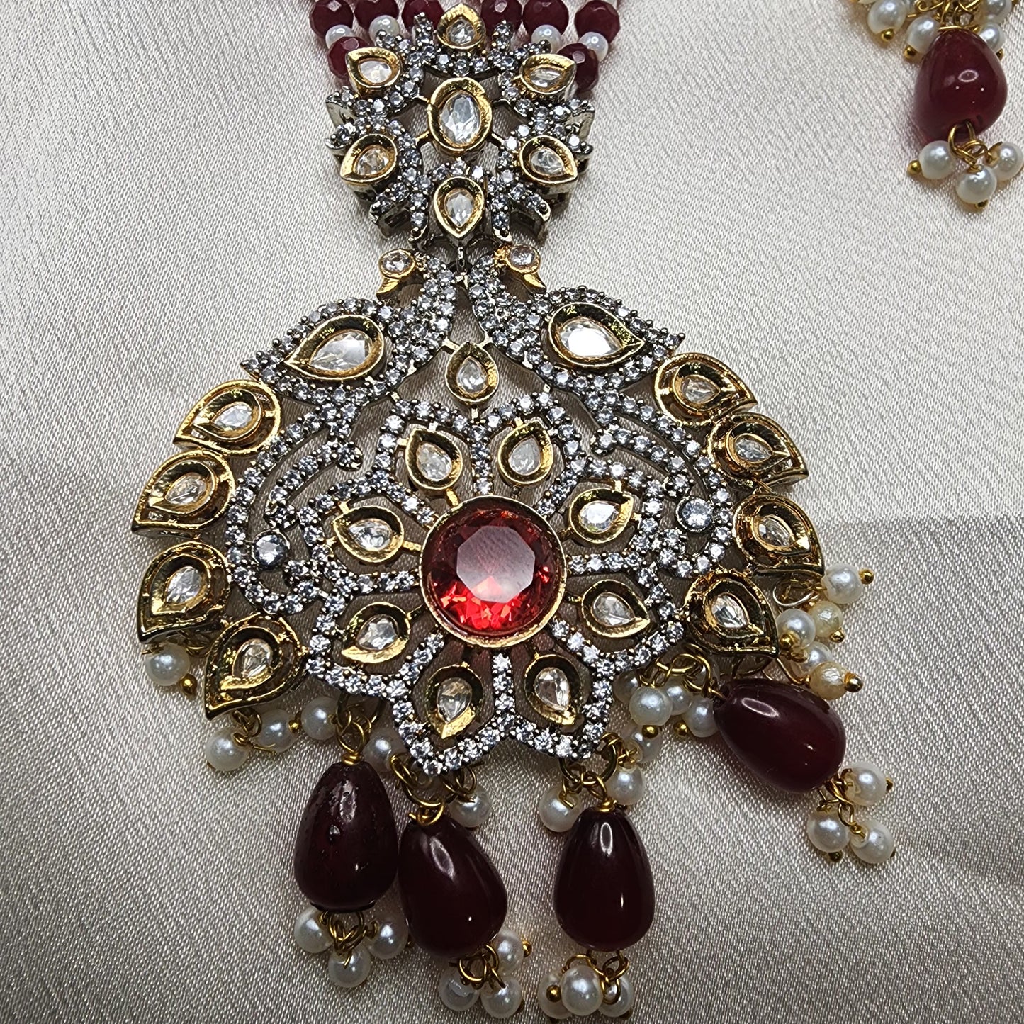 Regal Red Beaded Antique Pendant Necklace Set with Earrings |Best Seller |Exquisite Indian Jewelry set Birthday Gift |Wedding |Anniversary