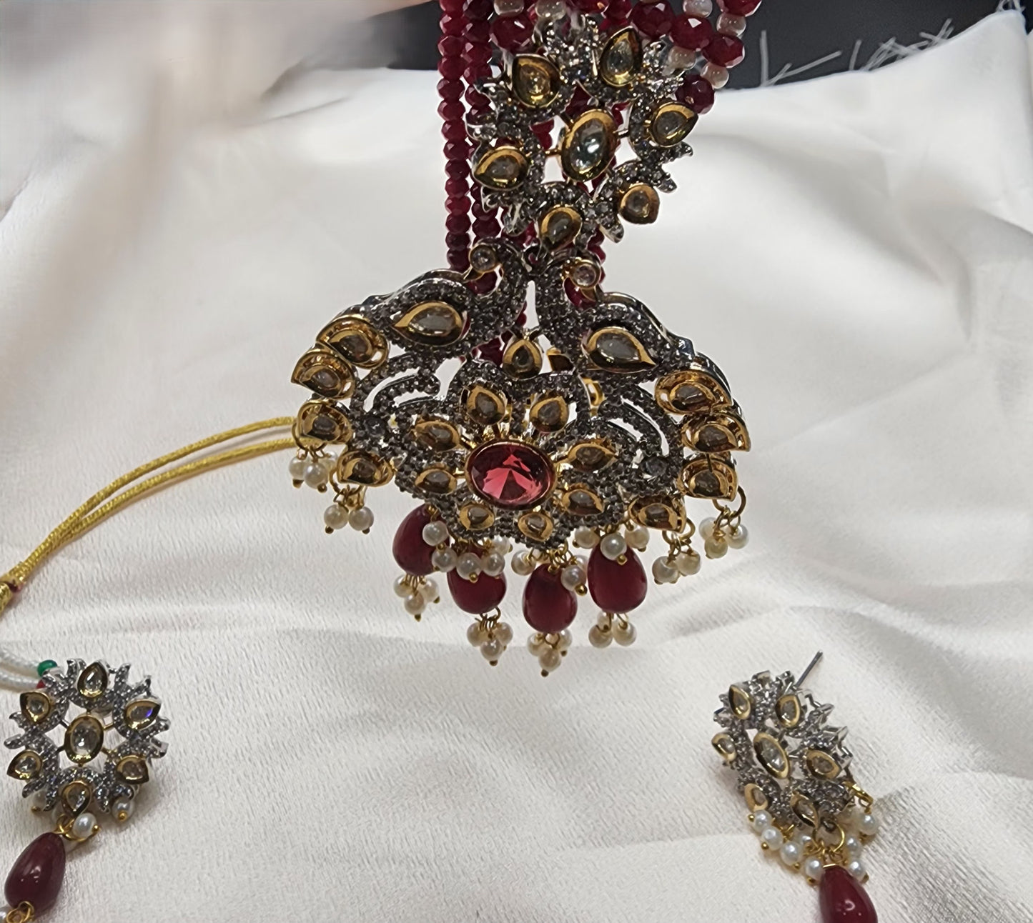 Regal Red Beaded Antique Pendant Necklace Set with Earrings |Best Seller |Exquisite Indian Jewelry set Birthday Gift |Wedding |Anniversary