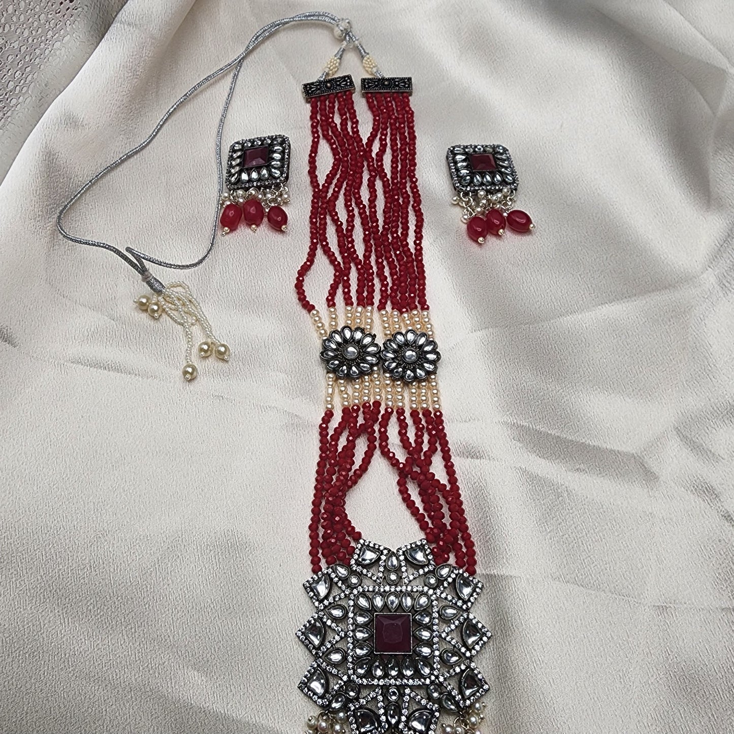 Regal Red Beaded Kundan Choker Set with Floral Motifs and Matching Earrings|Best Seller|Anniversary|Wedding Gift