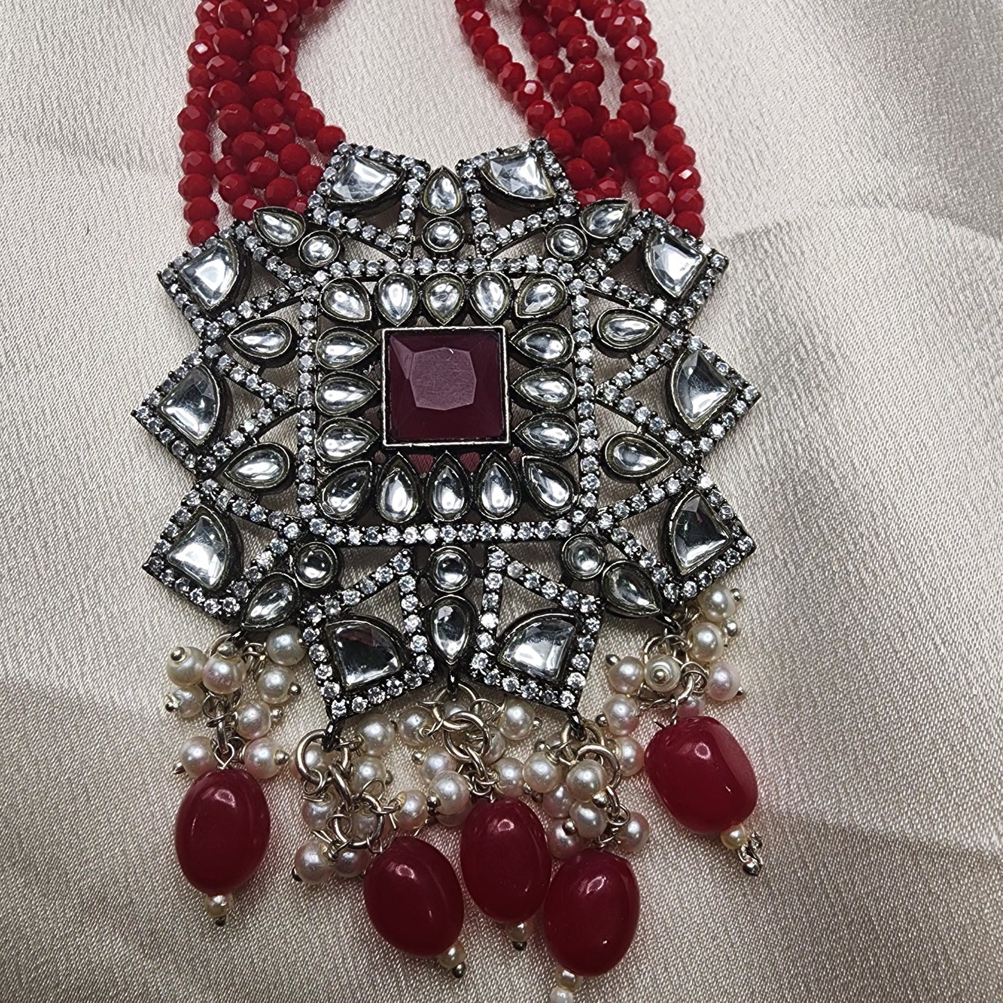 Regal Red Beaded Kundan Choker Set with Floral Motifs and Matching Earrings|Best Seller|Anniversary|Wedding Gift