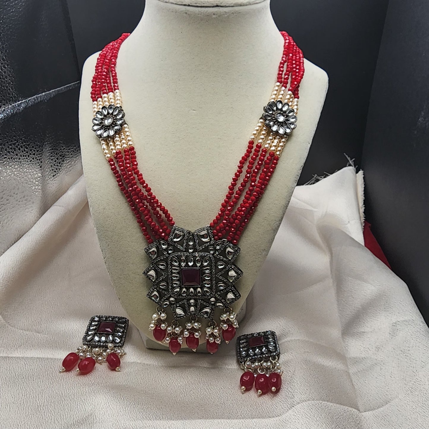 Regal Red Beaded Kundan Choker Set with Floral Motifs and Matching Earrings|Best Seller|Anniversary|Wedding Gift
