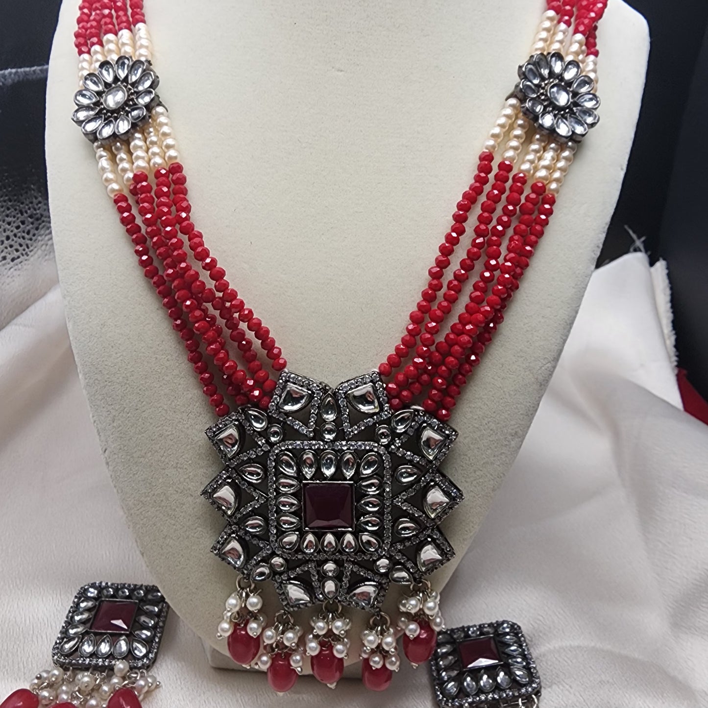 Regal Red Beaded Kundan Choker Set with Floral Motifs and Matching Earrings|Best Seller|Anniversary|Wedding Gift
