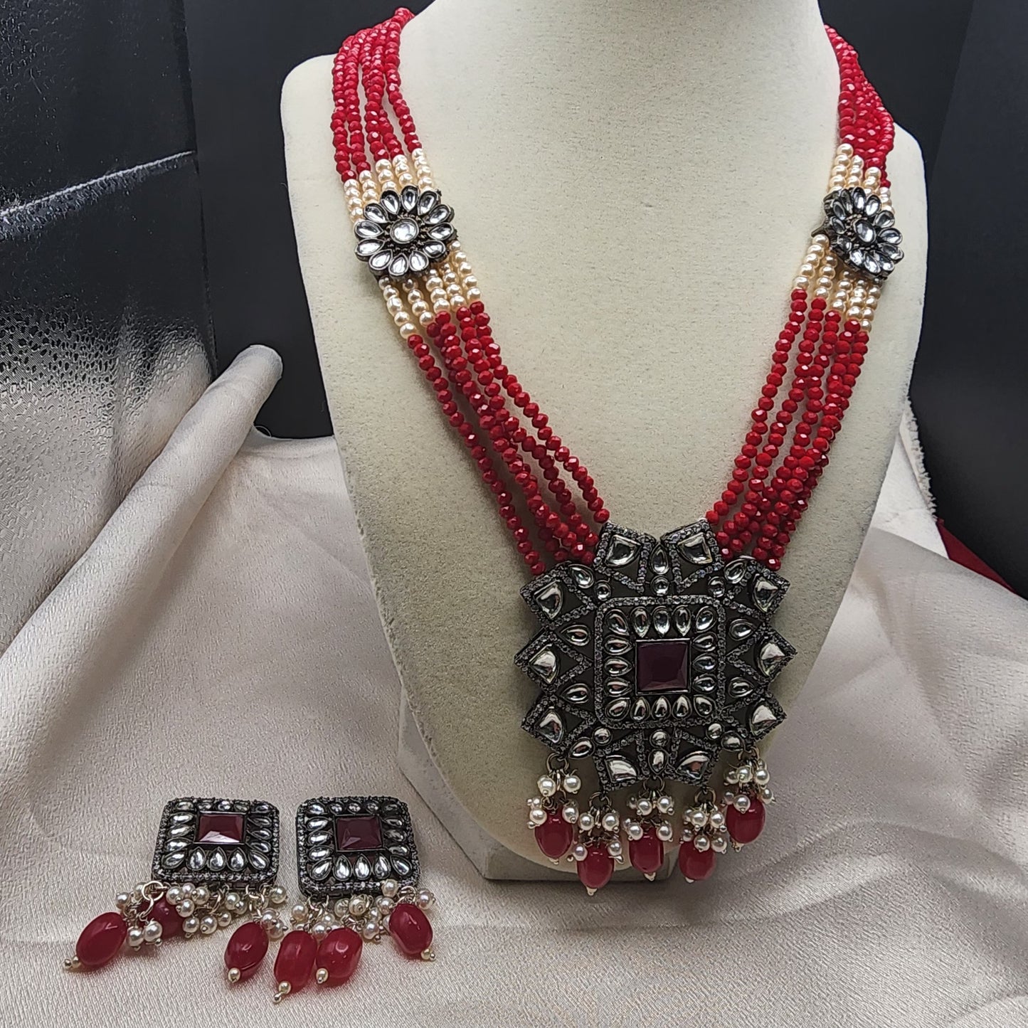 Regal Red Beaded Kundan Choker Set with Floral Motifs and Matching Earrings|Best Seller|Anniversary|Wedding Gift