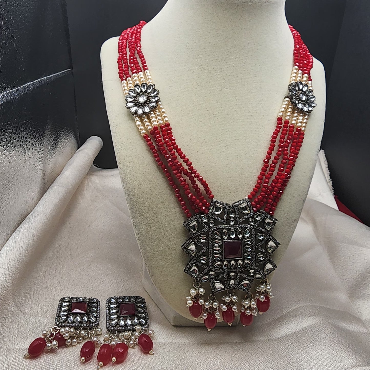 Regal Red Beaded Kundan Choker Set with Floral Motifs and Matching Earrings|Best Seller|Anniversary|Wedding Gift