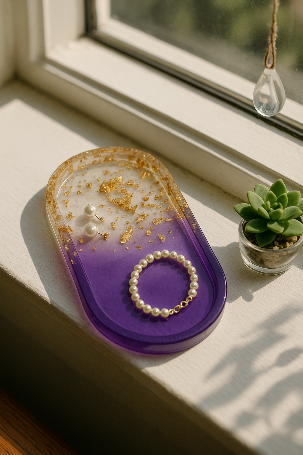 Elegant Purple & Gold Leaf Resin Jewelry Tray – Handmade Oval Trinket Dish for Rings & Earrings