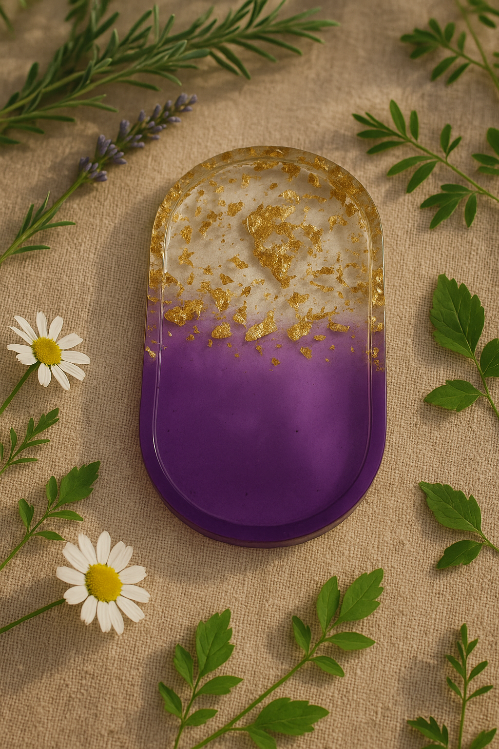 Elegant Purple & Gold Leaf Resin Jewelry Tray – Handmade Oval Trinket Dish for Rings & Earrings