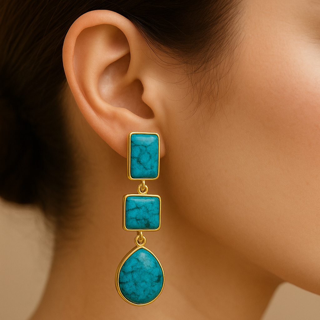 Triple Drop Turquoise Statement Earrings | Geometric Teardrop Design in Gold Finish | Artisan Handmade Jewelry Gift