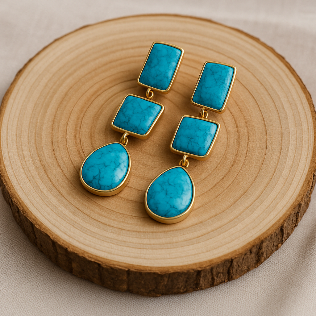 Triple Drop Turquoise Statement Earrings | Geometric Teardrop Design in Gold Finish | Artisan Handmade Jewelry Gift