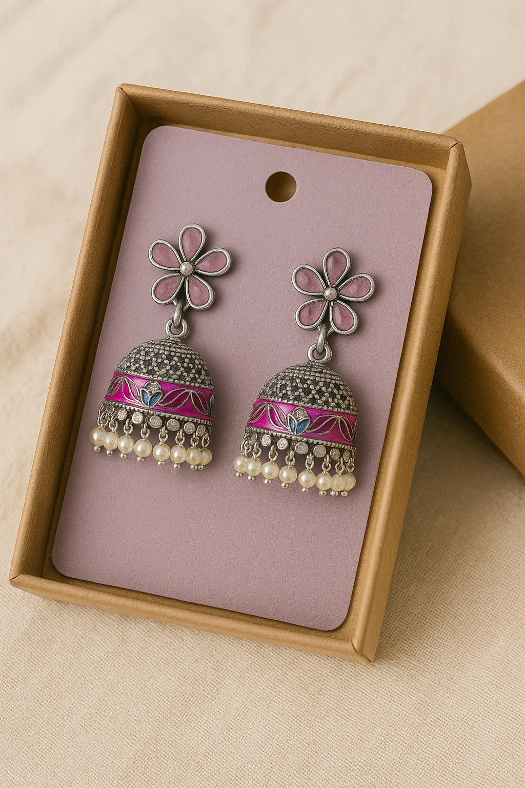 Pink Flower Stud Jhumka Earrings | Enamel & Pearl Indian Jewelry