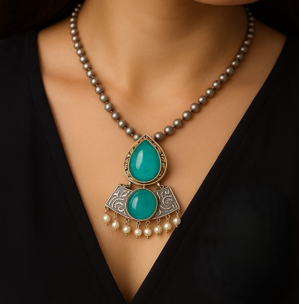 Antique Finish Necklace Set with Jhumka Earrings – Ethnic Pendant Jewelry – Pink, Teal, Orange Variants – Festival & Wedding Wear