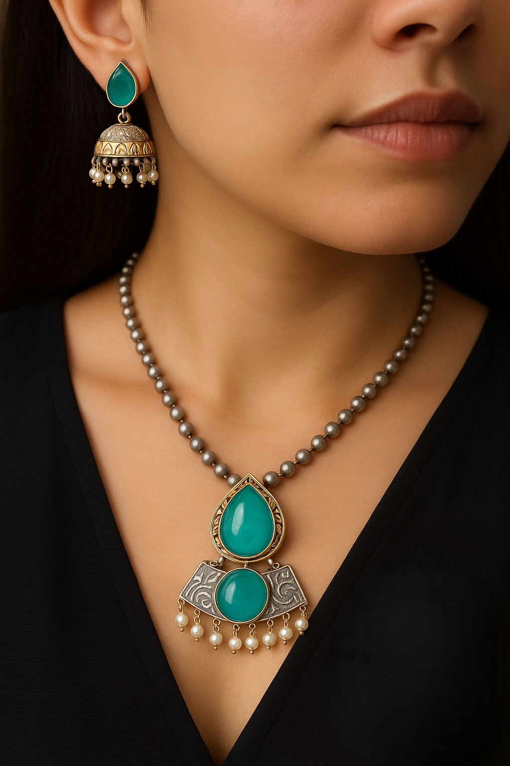 Antique Finish Necklace Set with Jhumka Earrings – Ethnic Pendant Jewelry – Pink, Teal, Orange Variants – Festival & Wedding Wear