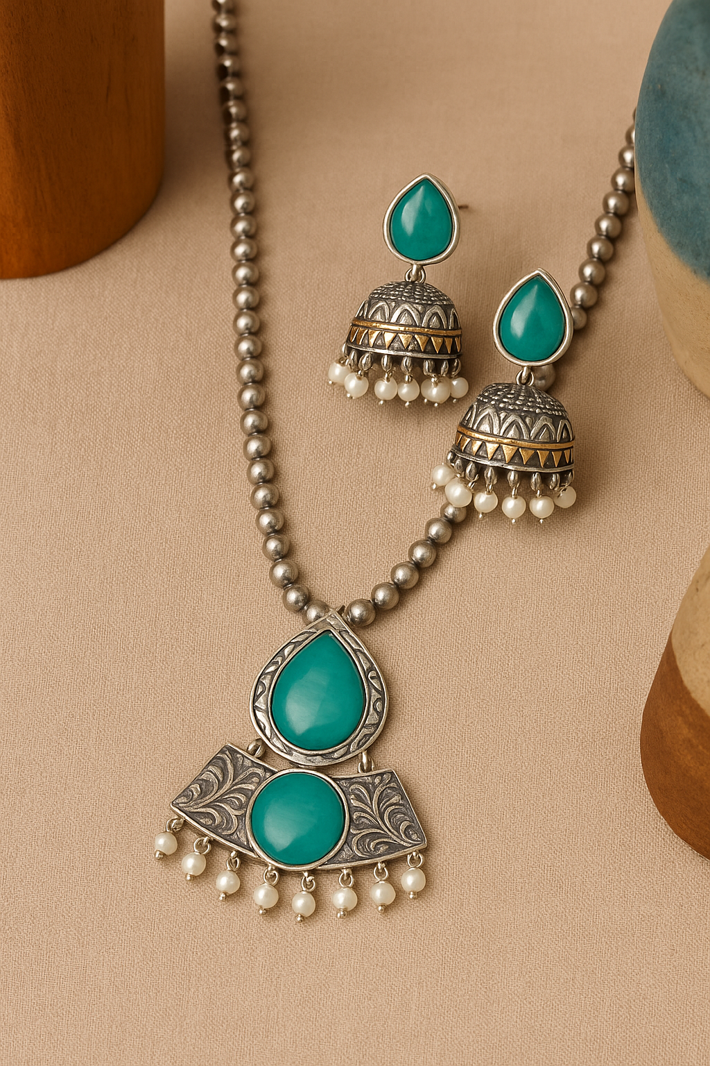 Antique Finish Necklace Set with Jhumka Earrings – Ethnic Pendant Jewelry – Pink, Teal, Orange Variants – Festival & Wedding Wear