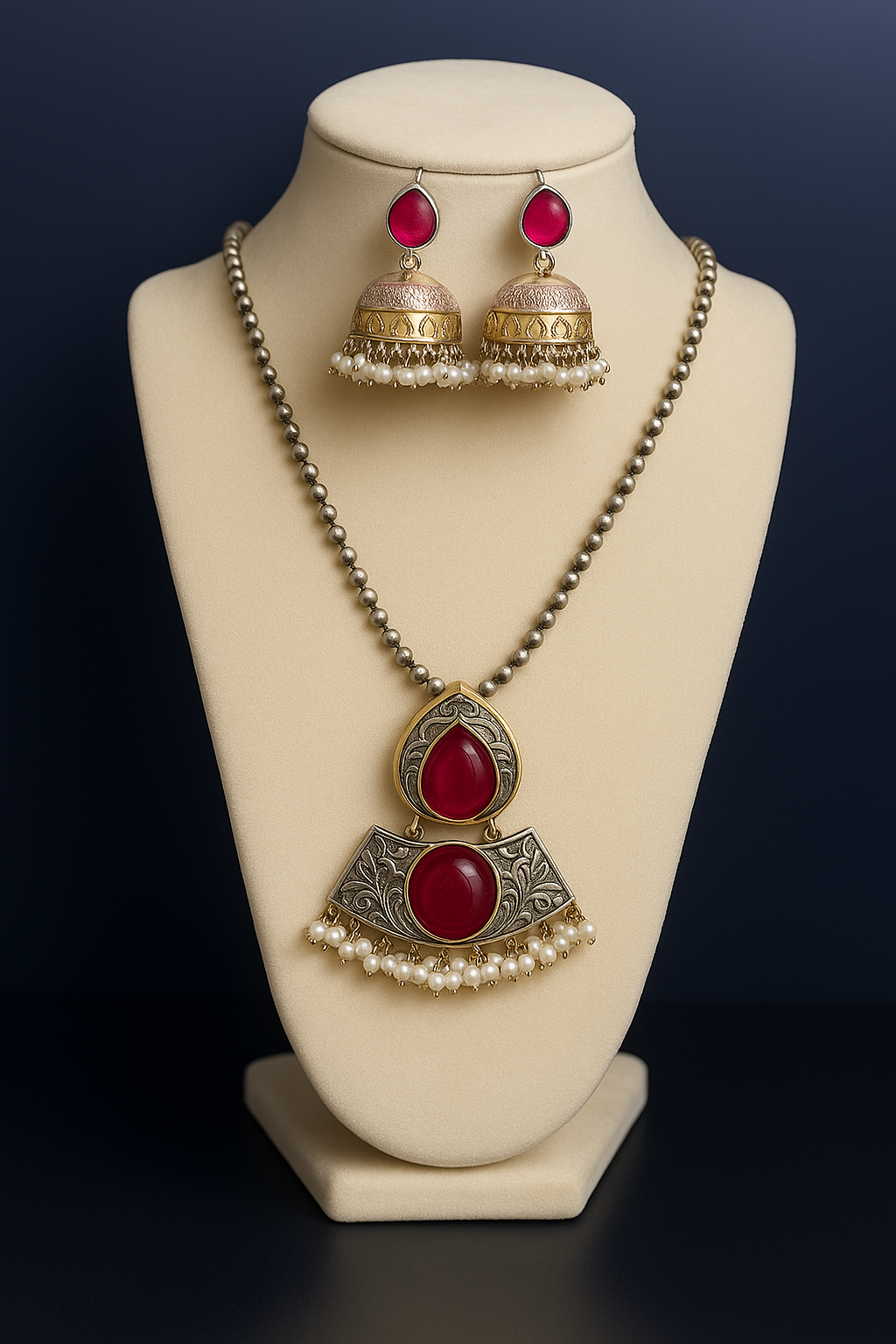 Antique Finish Necklace Set with Jhumka Earrings – Ethnic Pendant Jewelry – Pink, Teal, Orange Variants – Festival & Wedding Wear