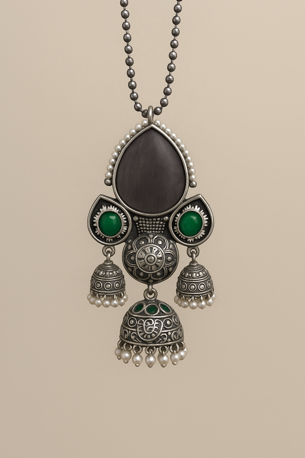 Antique Silver Tone Necklace and Earrings Set with Green Stone Accents