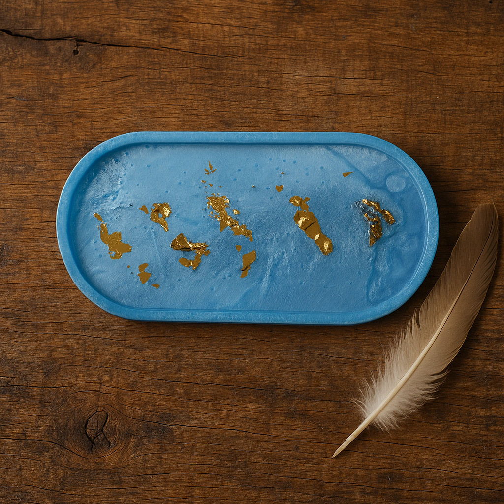 Elegant Blue & Gold Leaf Resin Jewelry Tray – Handmade Oval Trinket Dish for Rings & Earrings