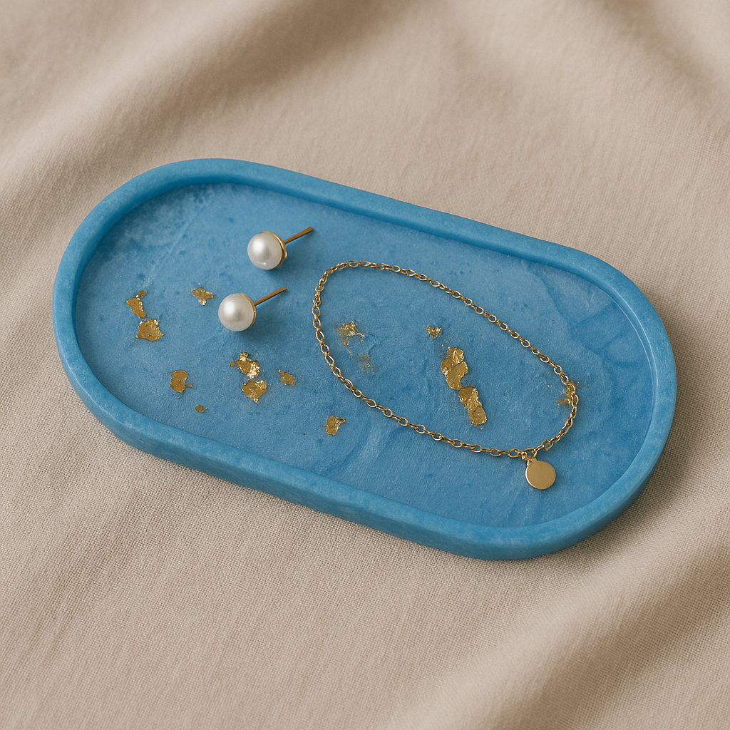 Elegant Blue & Gold Leaf Resin Jewelry Tray – Handmade Oval Trinket Dish for Rings & Earrings