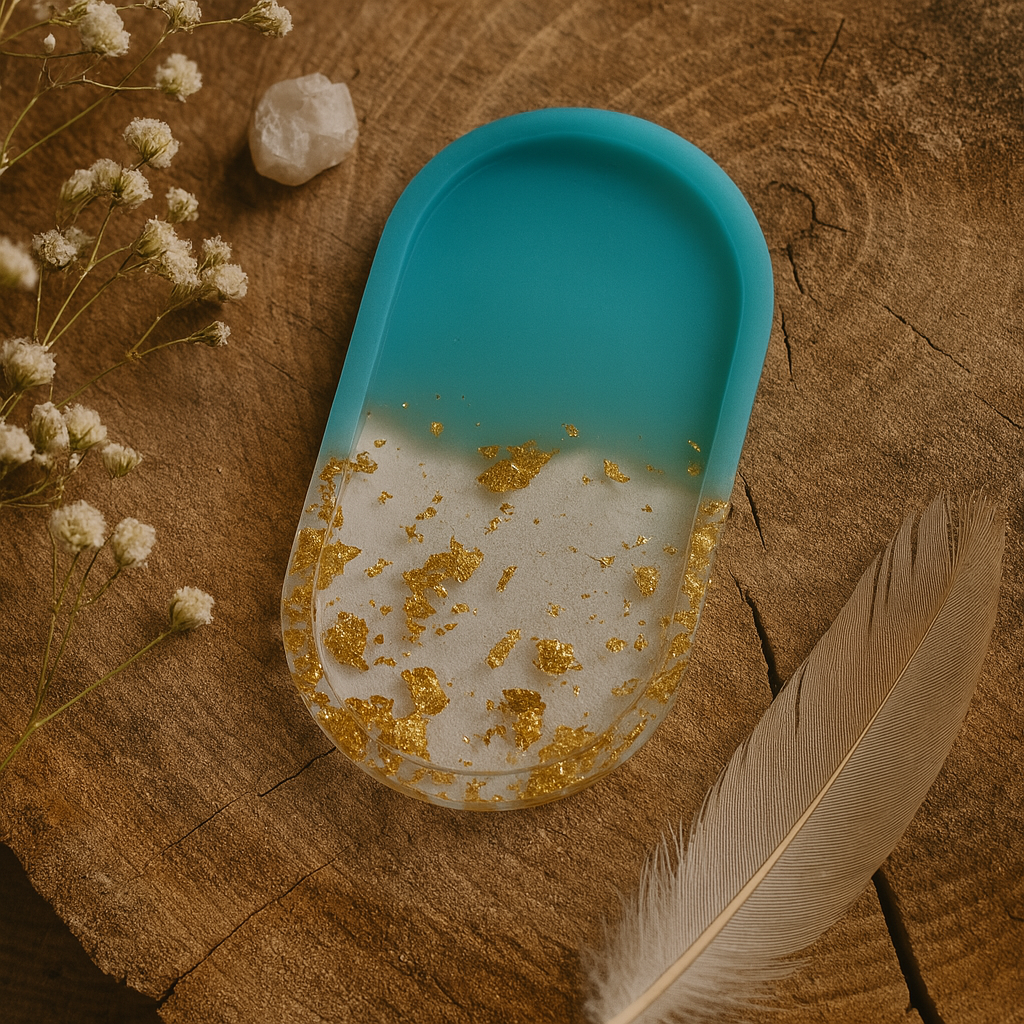 Elegant Purple & Gold Leaf Resin Jewelry Tray – Handmade Oval Trinket Dish for Rings & Earrings