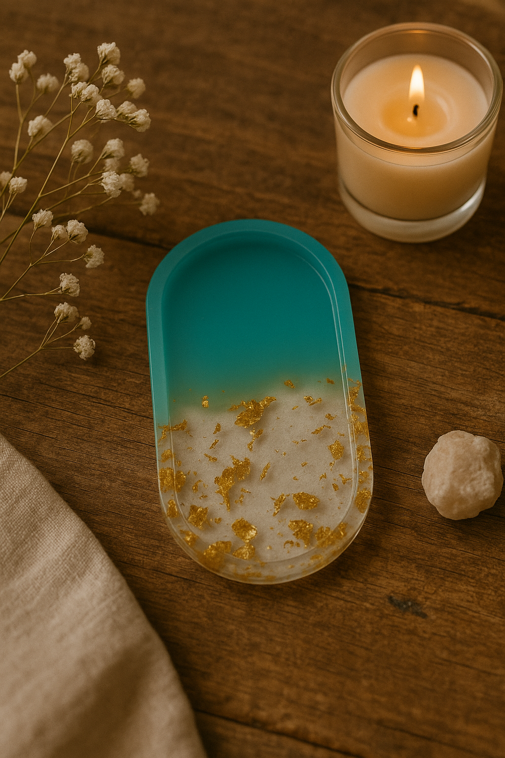 Elegant Purple & Gold Leaf Resin Jewelry Tray – Handmade Oval Trinket Dish for Rings & Earrings