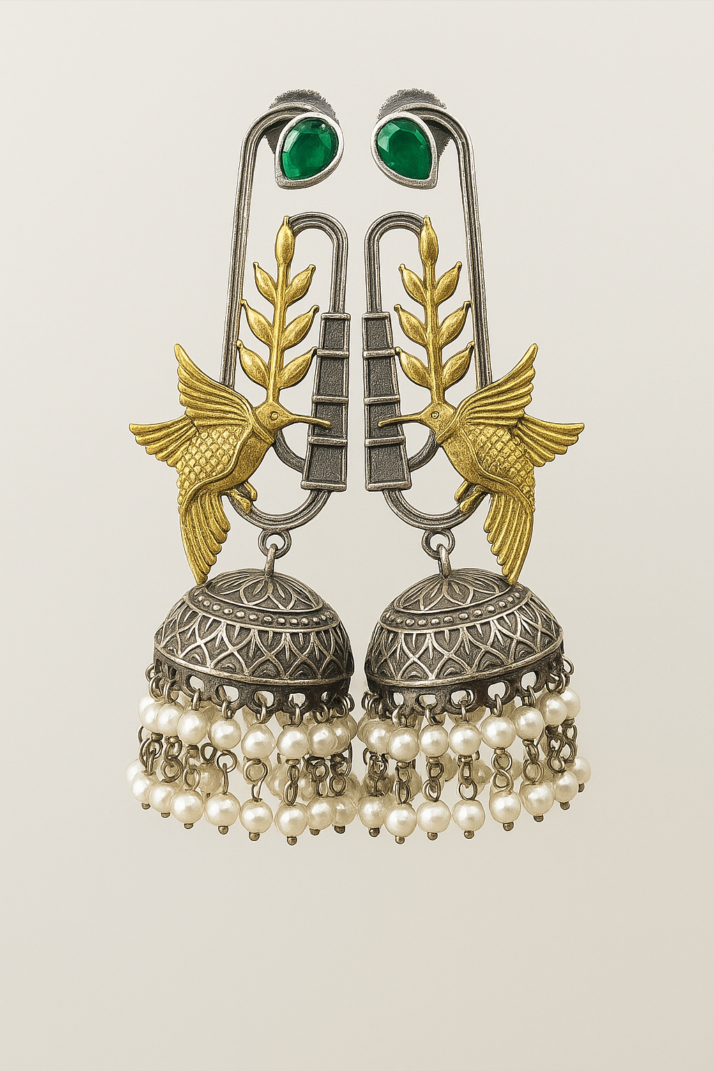 Unique Hummingbird and Jhumka Earrings with emerald and Pearl Accents