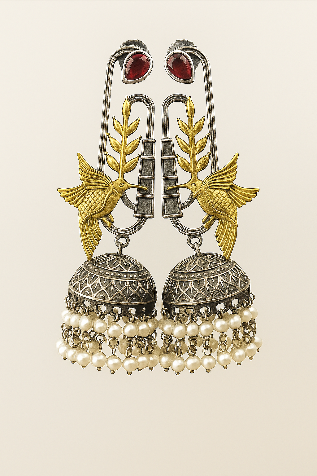 Unique Hummingbird and Jhumka Earrings with emerald and Pearl Accents