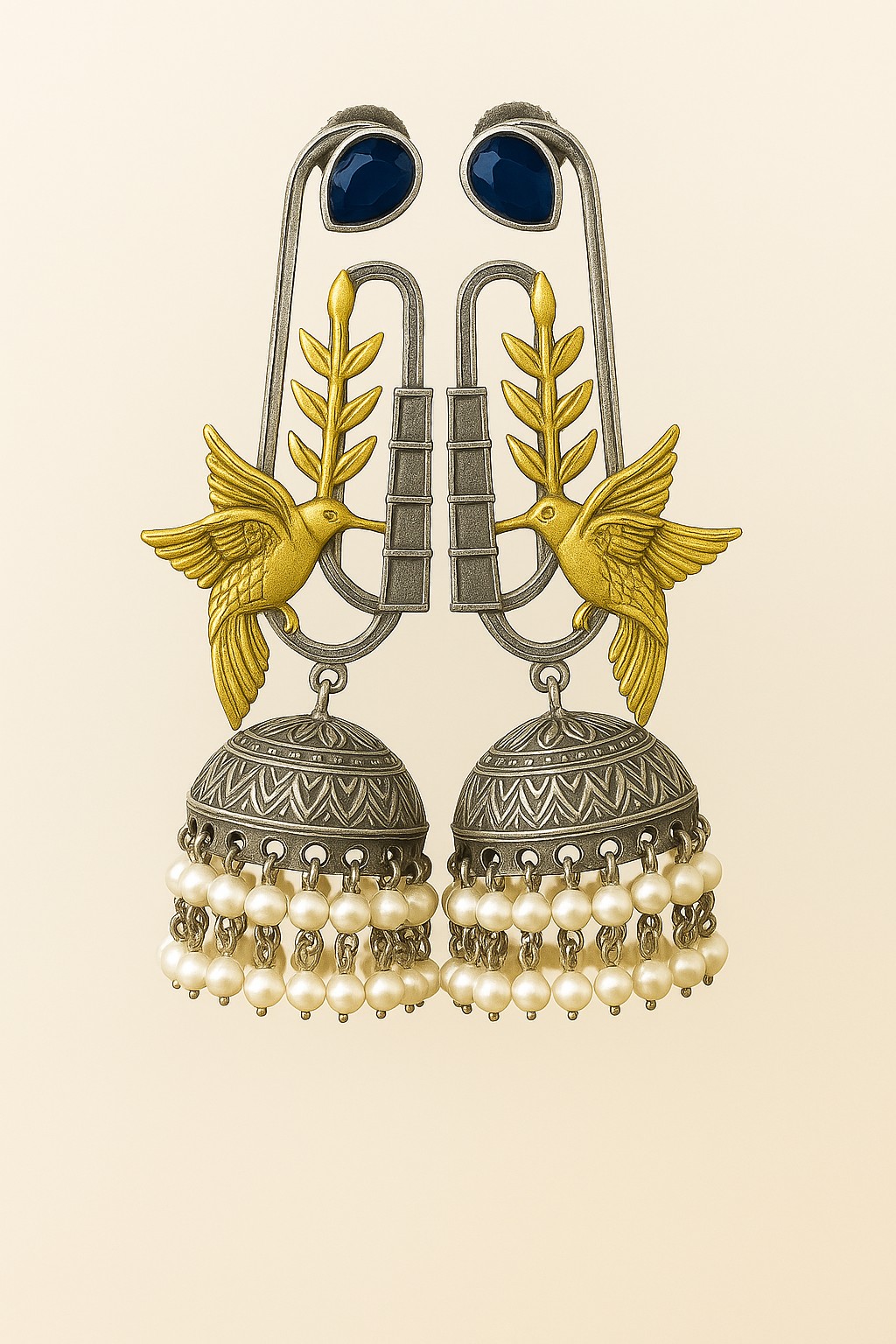 Unique Hummingbird and Jhumka Earrings with emerald and Pearl Accents