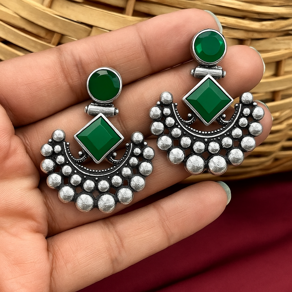 Title: Green Oxidized Silver Earrings with Stone Accents - Crescent Moon Design (Copy)
