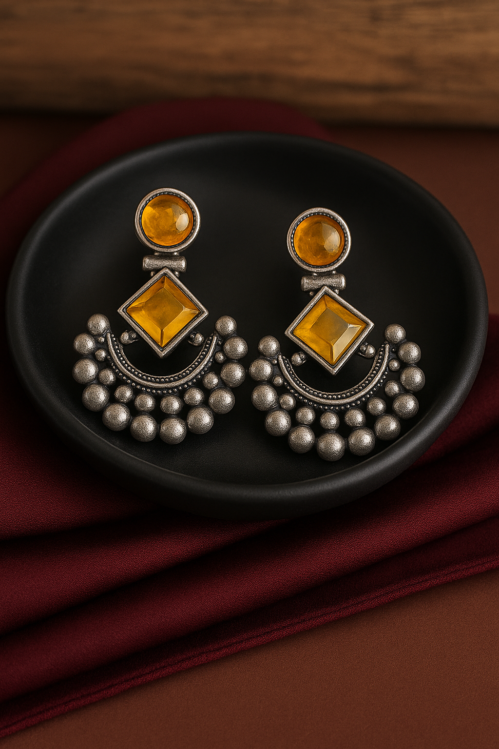 Title: Green Oxidized Silver Earrings with Stone Accents - Crescent Moon Design (Copy)