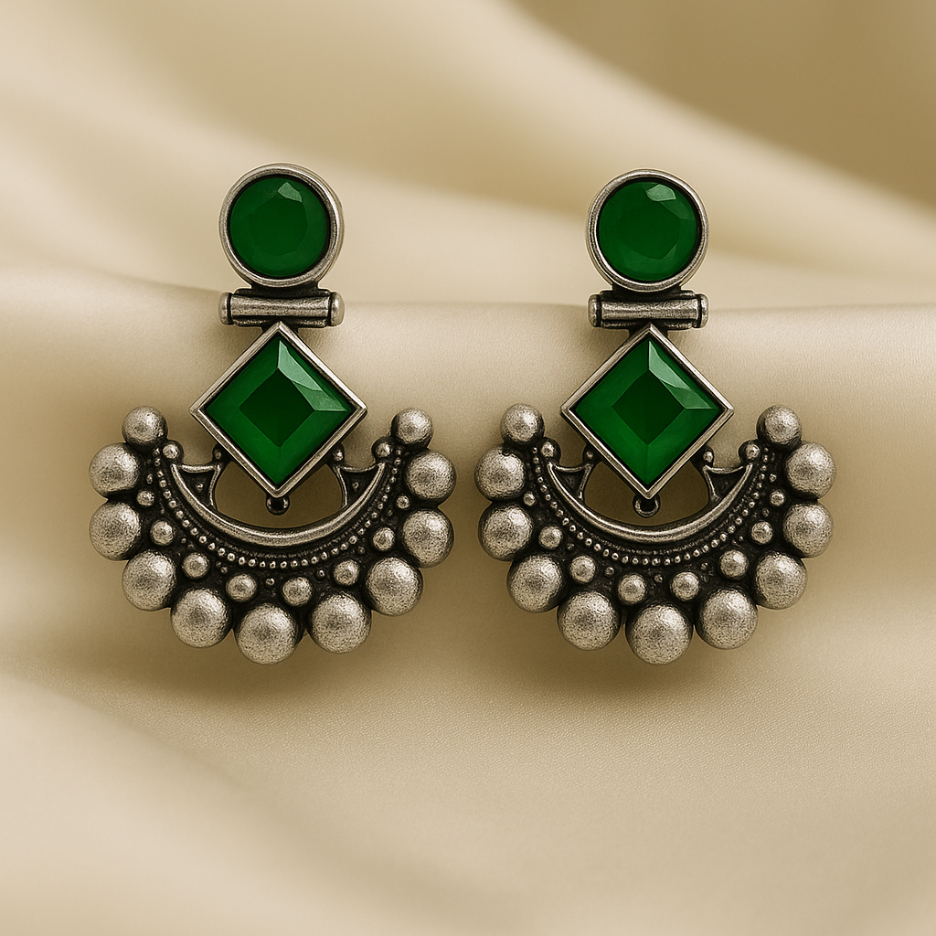 Title: Green Oxidized Silver Earrings with Stone Accents - Crescent Moon Design (Copy)