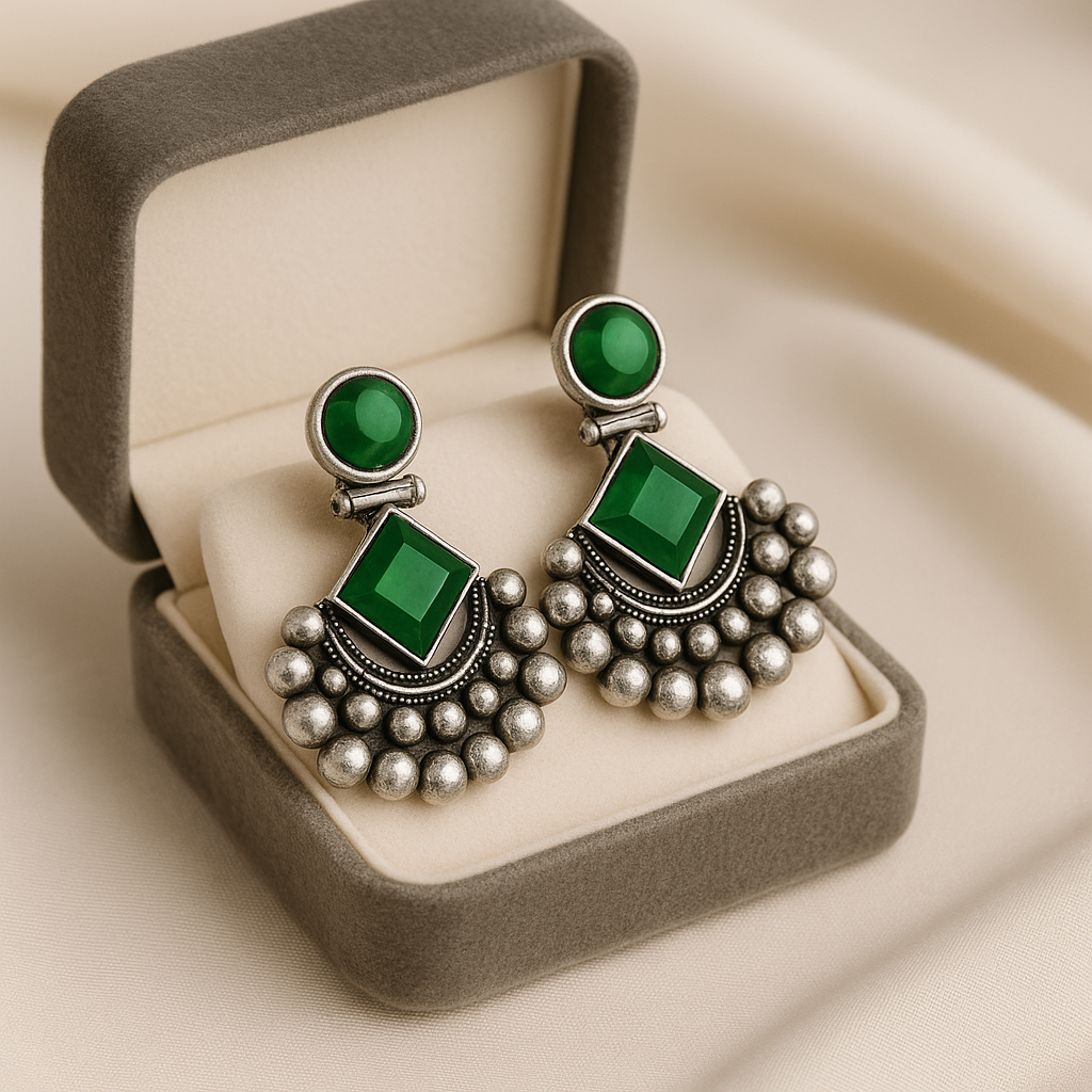 Title: Green Oxidized Silver Earrings with Stone Accents - Crescent Moon Design (Copy)