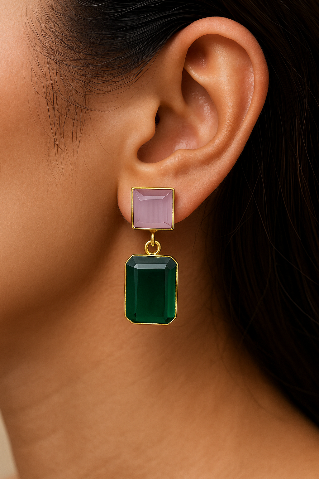 Modern Geometric Drop Earrings with Emerald Green and Pink Stone Accents